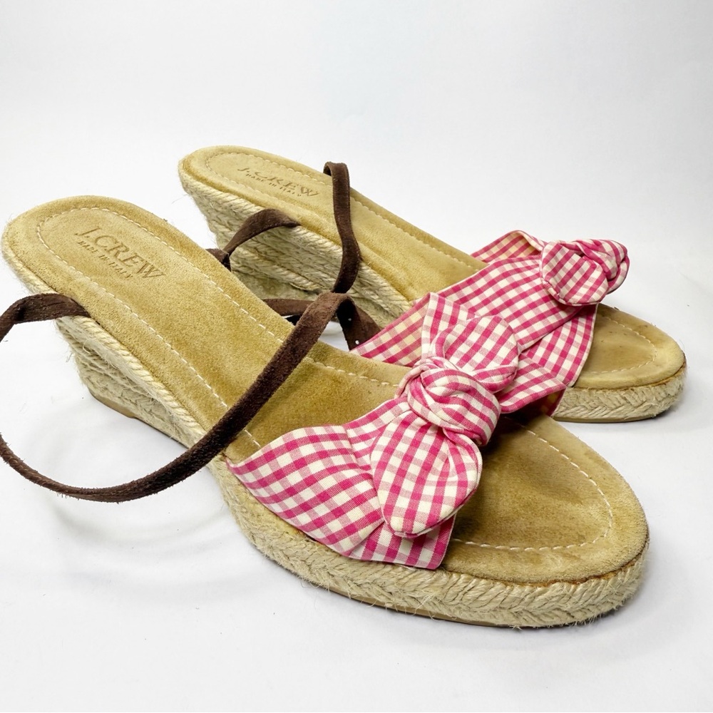 J. Crew Pink Gingham Bow Espadrille Wedges with Brown Ankle Ties size 6